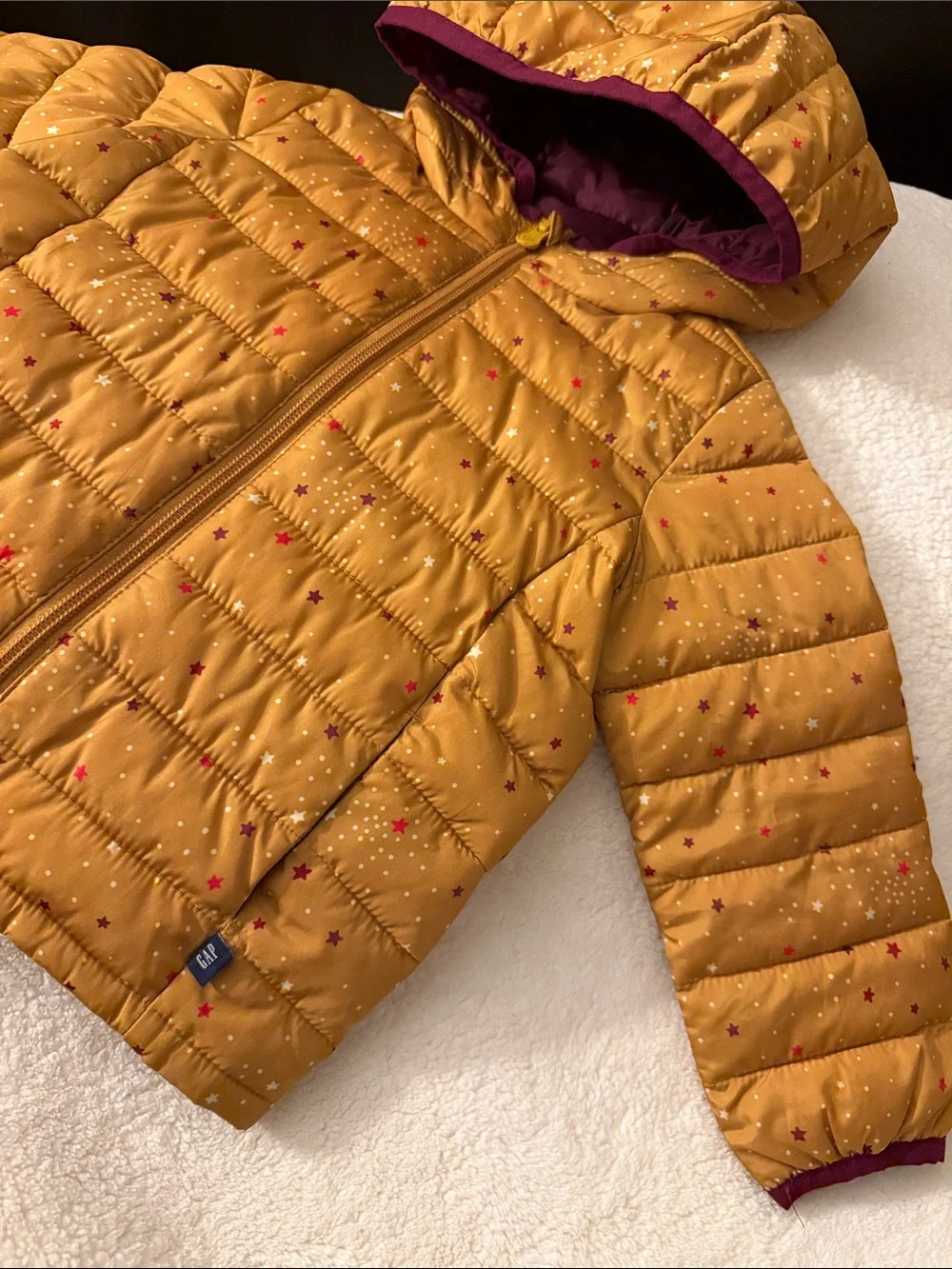 GAP Mustard Star-Print Puffer Jacket with Hood